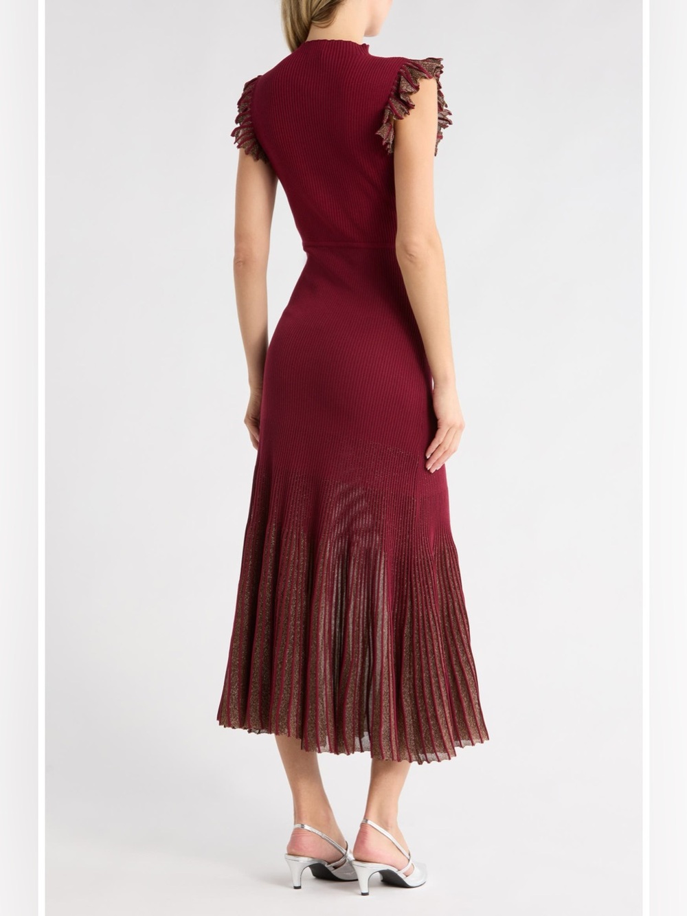 Moon River Ribbed Sleeveless Midi Dress in Burgundy with Pleated Hem - Picture 2 of 2